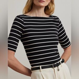 Ralph Lauren Striped Stretch Cotton Boatneck Tee Navy White roll sleeve size L